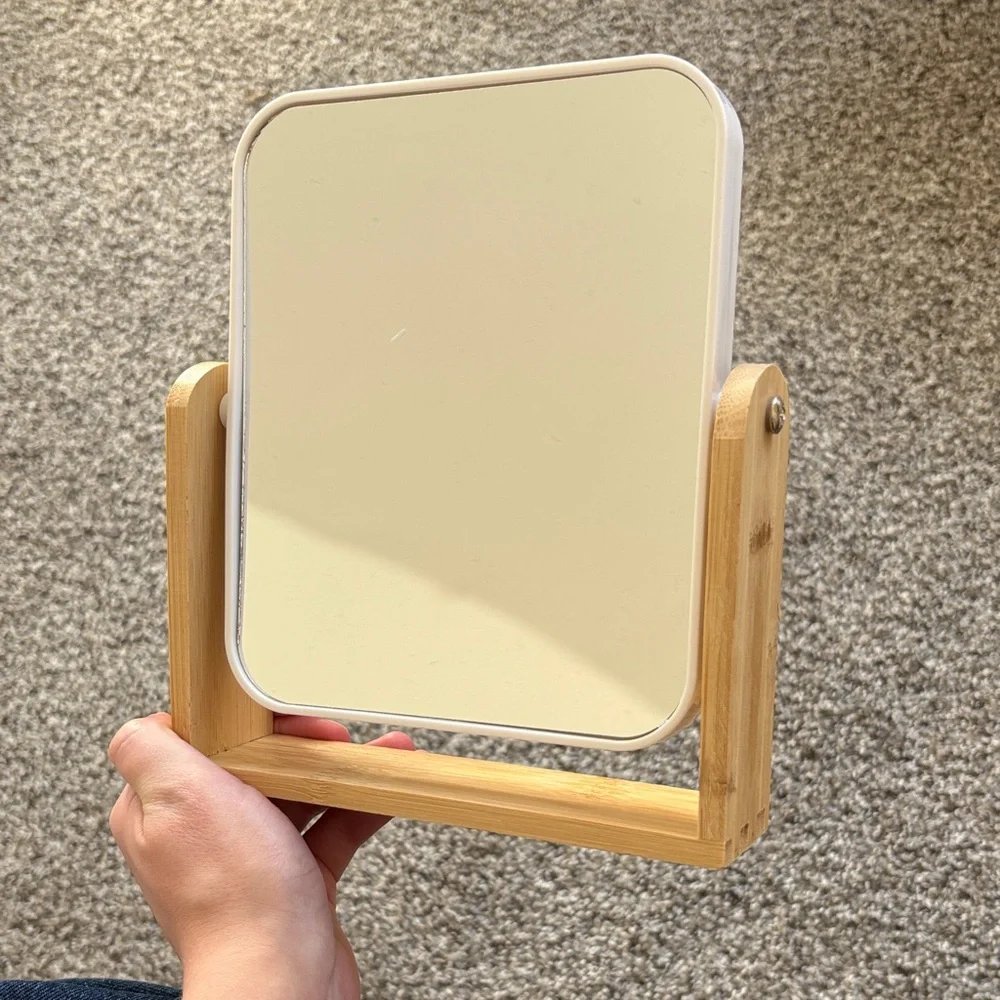 Elegant Cream Vanity Mirror with Bamboo Stand, zoom side and normal side